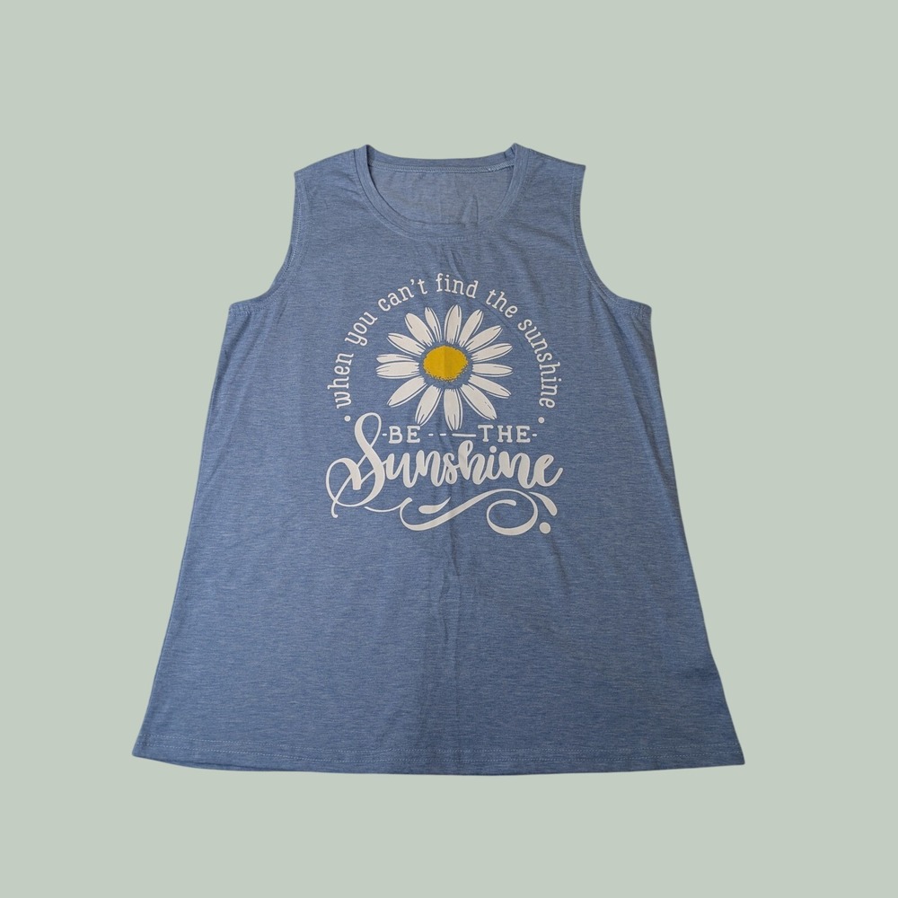 Graphic Tank Top L Blue Daisy "Be The Sunshine" Casual Boho Inspirational Vibes
